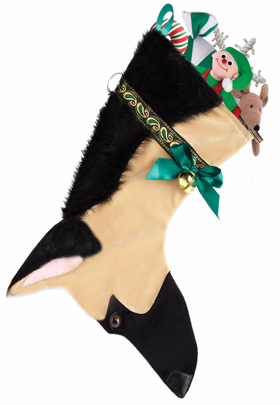 This German Shepherd dog shaped Christmas stocking is perfect for stuffing toys and treats into to spoil your fur baby for Christmas, or whatever holiday you celebrate!