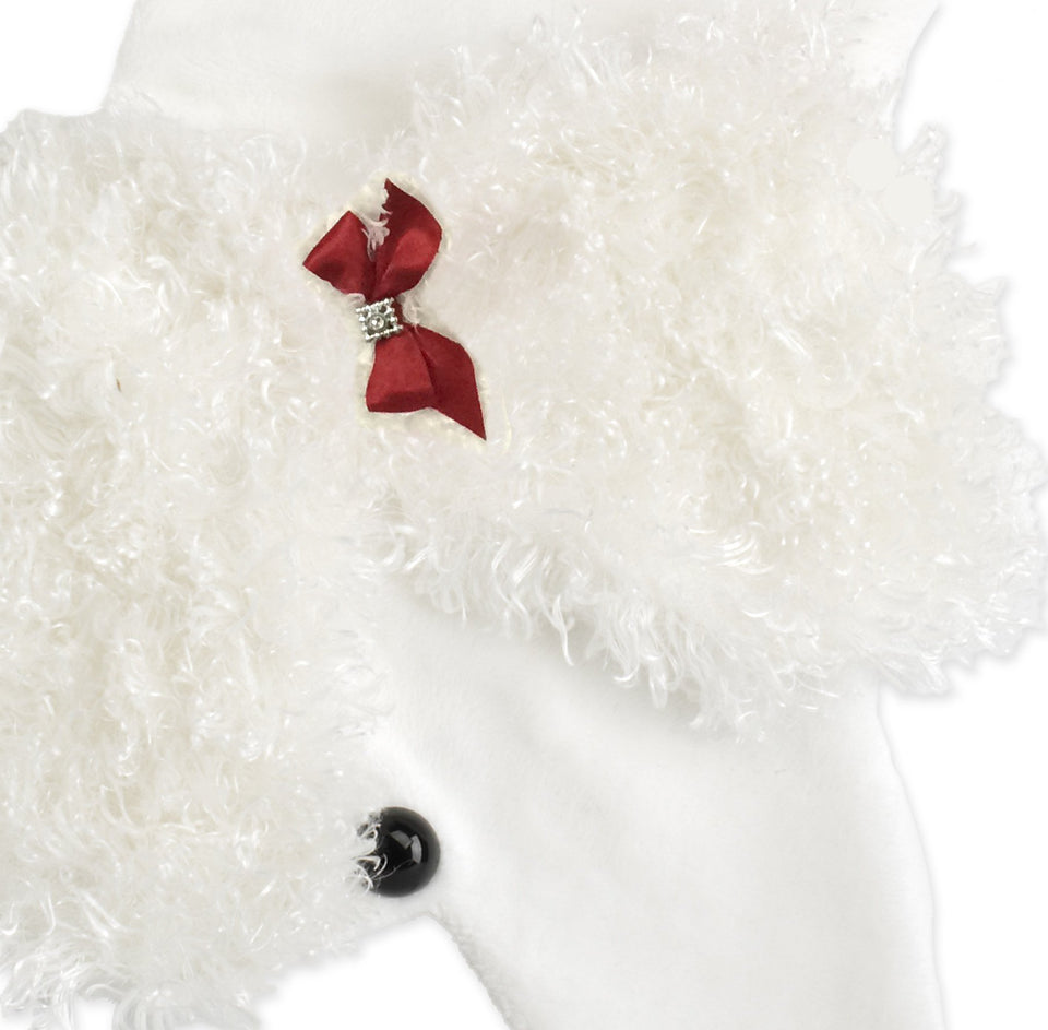 This White Poodle shaped dog Christmas stocking is the perfect gift for stuffing toys and treats into to spoil your fur baby for Christmas, or whatever holiday you celebrate!